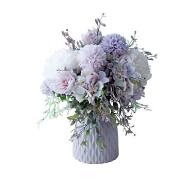 Imagem de LMJYU Flores artificiais flores artificiais buquê de hortênsia com vaso de cerâmica pequeno variedade de seda falsa bolas de flores arranjos de flores decoração casa e escritório flores artificiais