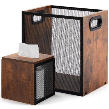 Imagem de Kathfly Conjunto de caixa de lenços retrô de 2 peças e lixeira de escritório - material de madeira e ferro, adequado para banheiro, sala de estar, escritório e cozinha