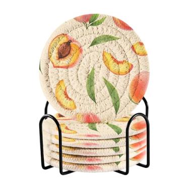 Imagem de SEHANY Conjunto de 6 porta-copos rosa pêssegos com suporte, porta-copos redondos absorventes de algodão resistente ao calor para mesa de jantar, canecas de café, proteção de copos, 10 cm