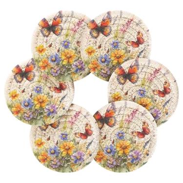 Imagem de SEHANY Elegante conjunto de 6 porta-copos de flores de borboleta com suporte, porta-copos redondos absorventes de algodão resistente ao calor para mesa de jantar, canecas de café, 10 cm