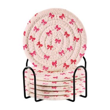 Imagem de SEHANY Conjunto de 6 porta-copos com laço rosa fofo com suporte, porta-copos redondos absorventes de algodão resistente ao calor para mesa de jantar, canecas de café, 10 cm