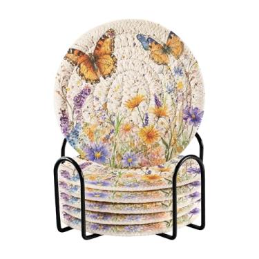 Imagem de SEHANY Elegante conjunto de 6 porta-copos de flores de borboleta com suporte, porta-copos redondos absorventes de algodão resistente ao calor para mesa de jantar, canecas de café, 10 cm