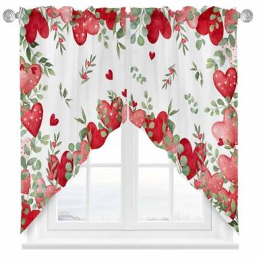Imagem de Cortinas de cozinha para janelas de dia dos namorados, vermelho, rosa, amor, coração, swag, cortinas de cozinha, folhas de eucalipto, cortinas românticas para janela, 2 painéis, cortinas para cozinha