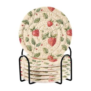 Imagem de SEHANY Conjunto de 6 porta-copos fofos de morango com suporte, porta-copos redondos absorventes de algodão resistente ao calor para mesa de jantar, canecas de café, proteção de copos, 10 cm