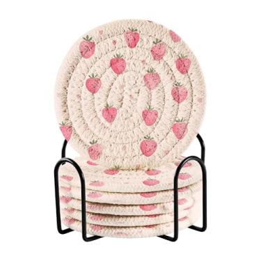 Imagem de SEHANY Conjunto de 6 porta-copos fofos de morango com suporte, porta-copos redondos absorventes de algodão resistente ao calor para mesa de jantar, canecas de café, proteção de copos, 10 cm