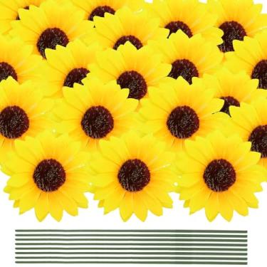 Imagem de Fyrolumin Girassóis artificiais, 60 peças, girassol falso realista de 10 cm com hastes, flores amarelas brilhantes duráveis para decoração de festa de casamento em casa, decoração externa para