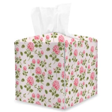 Imagem de Capa quadrada de caixa de lenços rosas, suporte de caixa de lenços de cubo floral rosa vintage, organizador de papel facial de couro para decoração de mesa para banheiro, casa, carro, mesa de