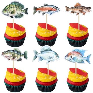 Imagem de Ephlyn 36 peças de topos de cupcake de pesca, topos de cupcake de pesca, enfeite de cupcake de peixe, decorações de festa de aniversário para meninos e meninas, feliz aniversário, pesca, decoração de