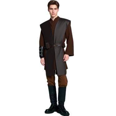 Imagem de Fantasia masculina Anakin Skywalker conjunto completo de luvas cosplay cavaleiro túnica cinto trajes de Halloween, Marrom, M