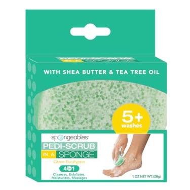 Imagem de Spongeables Pedi-Sarmin Esponja esfoliante para os pés com amortecedor de calcanhar e óleo de pedicure, eucalipto citrono, contém manteiga de karité e óleo de árvore de chá, 5+ lavagens, verde