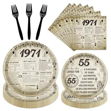 Imagem de Elomy Pratos e guardanapos de aniversário de 55 anos, decorações de festa para mulheres e homens, decoração de papel descartável de 55 anos vintage de 1971, 55 anos, garfos temáticos para festas