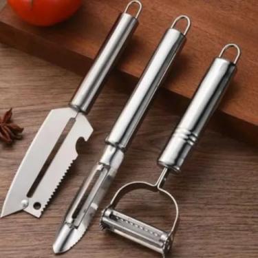 Imagem de Kit 3 Descascadores Inox Legumes e Espremedor Amassador Triturador De Alho Inox