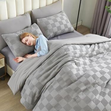 Imagem de BESTCHIC Conjunto de cama king size cinza de 7 peças, cama boho, tufada em uma bolsa, xadrez, casa de fazenda, chique, para todas as estações, edredom xadrez com lençóis, fronhas e fronhas