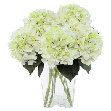 Imagem de Coferset 3 peças de flores artificiais de hortênsia verde, 63 cm, toque real, grandes flores falsas de látex de hortênsia sintética com hastes dobráveis para decoração interna e externa, peças