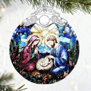 Imagem de Presentes cristãos: Ornamento de presépio de vitral | Enfeites de Natal (enfeites de árvore de Natal), decoração religiosa, decoração de família sagrada, presentes religiosos, presente de batismo e