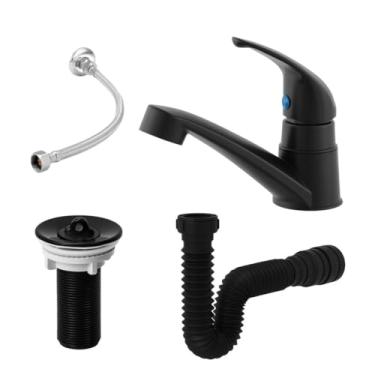 Imagem de kit torneira banheiro bancada abs Preta + válvula 7/8 Preta + engate 30cm + sifão Preto, Banheiro e Área de Serviço