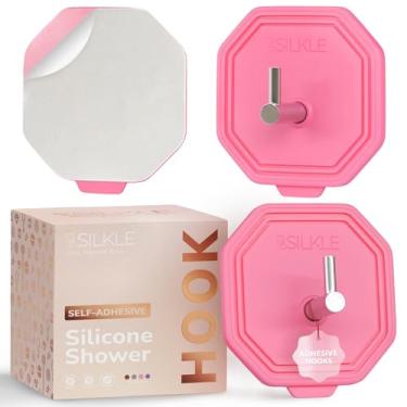 Imagem de SILKLE Ganchos de chuveiro adesivos de silicone - ganchos de parede adesivos e suporte de toalha para banheiro, azulejo, vidro, sem perfuração, à prova d'água e à prova de ferrugem, aço inoxidável
