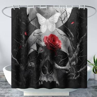 Imagem de AILONEN Conjunto de cortina de chuveiro com estampa de caveira, cortinas de banho pretas de caveira gótica para crianças, adolescentes e adultos, cortina de chuveiro impermeável rosa vermelha com