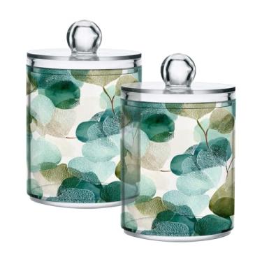 Imagem de Qilmy Pacote com 2 suportes Green Leaves Qtip, frascos de boticário de 400 ml, vasilha organizadora de banheiro para cotonetes, bolas de algodão, almofadas de maquiagem, fio dental, sais de banho