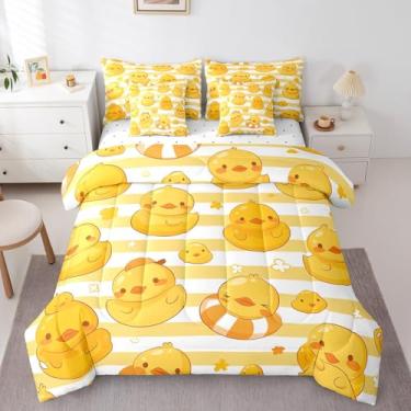 Imagem de Erosebridal Jogo de cama casal de pato kawaii, 7 peças, conjunto de edredom com listras geométricas amarelas brancas e amarelas em uma bolsa, colcha floral de animais amarelos com ajuste plano,