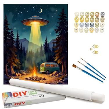 Imagem de Kit de pintura de cena de inverno por números para adultos - Pintura rústica de pinheiros e cabanas nevadas em tela enrolada 40,6 x 50,8 cm, conjunto de tinta acrílica para iniciantes, arte para