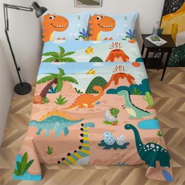 Imagem de NiuOne Jogo de cama casal infantil de dinossauros 3D, 4 peças, dinossauros, fronhas 3D, decoração de quarto, tamanho casal