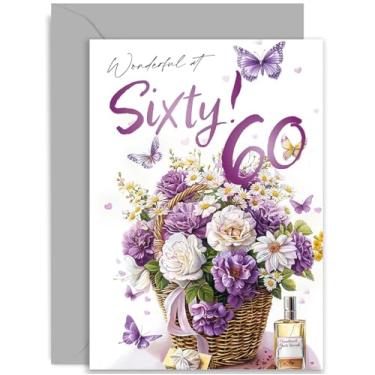 Imagem de Cartão de aniversário de 60 anos para amiga - Cartão de aniversário "Wonderful at Sixty" para mulher - Borboleta roxa e buquê de flores presente de aniversário de 60 anos para ela - Cartão de