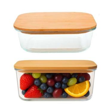 Imagem de Kit 2 Pote de Vidro com Tampa de Bambu Retângular 635ml Em Casa Tem - 