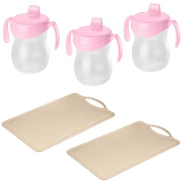 Imagem de Kit 2 Tábua Cinza Plástica de Corte Pequena + 3 Garrafa Infantil 310ml Plástica Atóxica Rosa