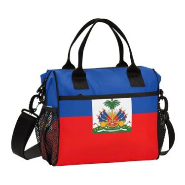 Imagem de ODAWA Lancheira infantil com bandeira do Haiti com isolamento térmico para almoço de trabalho com suporte para garrafa de água