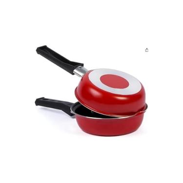 Imagem de Frigideira Dupla Hamburgueira e Omeleteira Antiaderente, 14cm, Vermelha, Alumínio, Cabo Baquelite, 0,45L