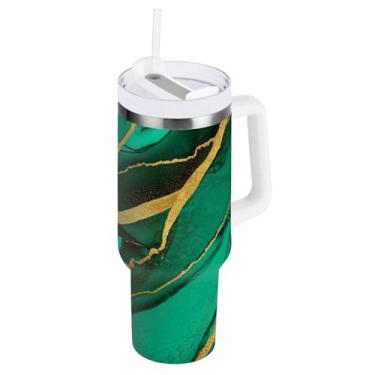 Imagem de ODAWA Copo de água grande com isolamento de ouro mármore verde com tampa e canudo, copo isolado a vácuo de aço inoxidável com tampa 2 em 1