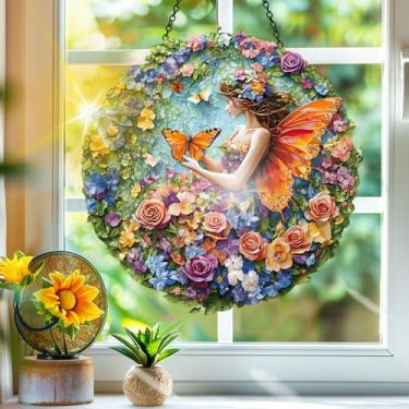 Imagem de Acrílico colorido, apanhador de sol, mulher, flor, decoração de janela, arte de parede de arco-íris, para varanda, interior e exterior, jardim, enfeites de Natal, decoração 19 x 19 cm, CH#37