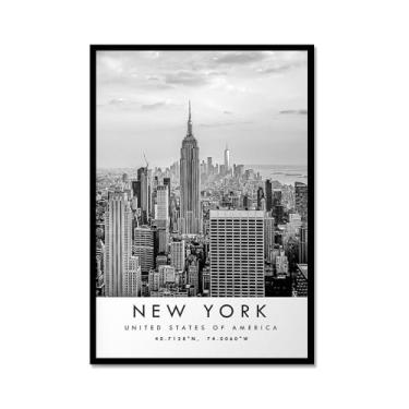 Imagem de Pôster de viagem preto e branco impressão de paisagem da cidade do mundo pintura em tela de arte de parede de Nova York decoração de casa (16 x 24 polegadas (40 x 60 cm), moldura de metal)