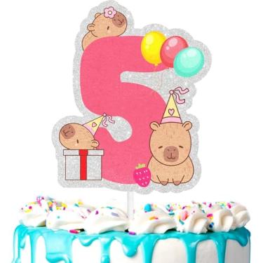 Imagem de Lindo enfeite de bolo capivara infantil 5º animal selvagem temático feliz zoológico, festa de aniversário amante de capivara para meninos e meninas, festa animal, suprimentos de decoração de