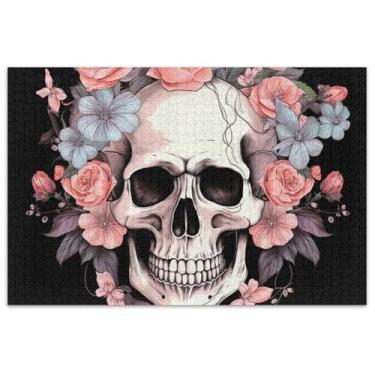 Imagem de Quebra-cabeças engraçados com flores de crânio, 500 peças para adultos, família, amantes, presentes, quebra-cabeças rígidos para adultos, desenhos animados, animais
