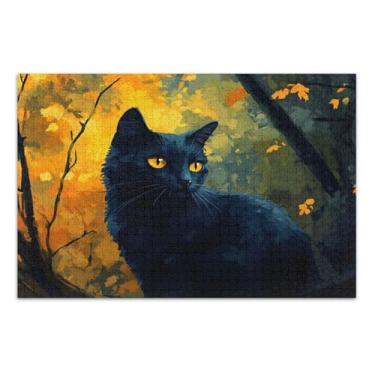 Imagem de Quebra-cabeça gato preto 500 peças para adultos, quebra-cabeça para adultos, jogo Uzzle