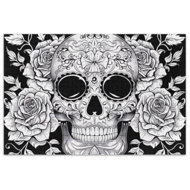 Imagem de Quebra-cabeça adulto preto e branco crânio de açúcar rosas 500 peças divertido bobo difícil quebra-cabeça arte
