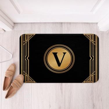 Imagem de Erosebridal Tapetes geométricos de banheiro 40,6 cm x 61 cm Letra V Tapete de banho masculino presente simples linhas circulares capacho preto dourado alfabeto