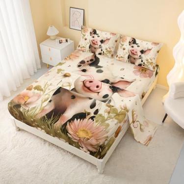 Imagem de AILONEN Jogo de lençol casal com tema de animal de desenho animado de porco fofo, 1 lençol de cima, lençol com elástico com 2 fronhas, 4 peças