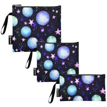 Imagem de Sacos de sanduíche e lanche reutilizáveis Black Blue Planets Stars Space Sacos de comida laváveis com zíper para crianças e adultos (conjunto de 3: P/M/G)