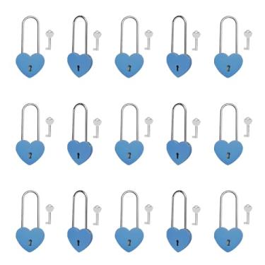 Imagem de Gradleen 15 peças, cadeado de coração único com chave de 8 cm, cadeado de amor de 50 mm, pintura de borracha, cadeado de amor de metal azul para ponte Lovelock, caixa de cartão, caixa de joias, diário