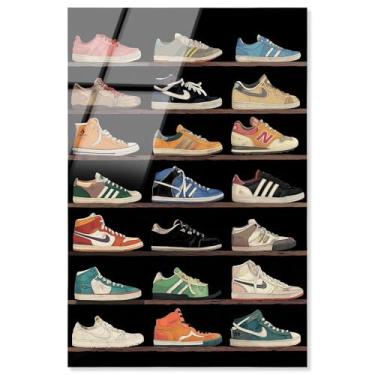 Imagem de Coleção de tênis nas prateleiras arte de parede de tênis com impressão acrílica por Art Remedy, pronto para pendurar, 25 x 38 cm
