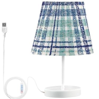 Imagem de TSENQUE Candeeiros de mesa modernos personalizados com estampa floral, lâmpadas USB para mesas noturnas, lâmpada LED regulável e aconchegante que muda de cor, berçário, textura quadriculada, xadrez