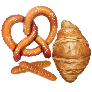 Imagem de Balões de folha de pão de padaria, balão de pretzel de 60 cm com 2 peças de balões baguete de 45 cm e balão croissant de 73 cm, decorações de festa com tema de pão para aniversário, chá de bebê e