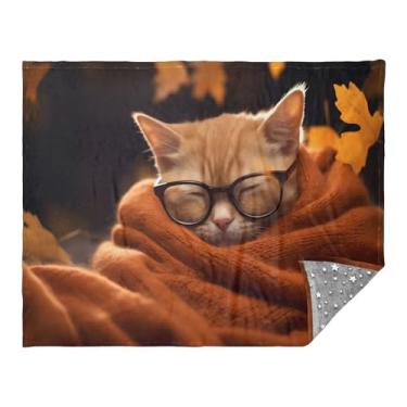 Imagem de CEBUGI Cobertor de flanela quente macio 127 x 178 cm para sofá-cama, escritório, acampamento, viagem, gato, embrulhado em cobertor laranja para todas as estações