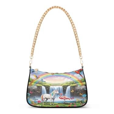 Imagem de Bolsa de ombro divertida de unicórnio branco com corrente de arco-íris e estampa artística Hobo para uso diário e festa