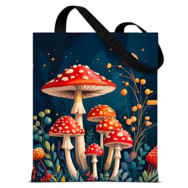 Imagem de QYCFDXD Bolsa feminina vintage de lona de cogumelo vermelho Amanita escuro botânico estética reutilizável bolsa de ombro para compras de supermercado, viagens, trabalho, praia