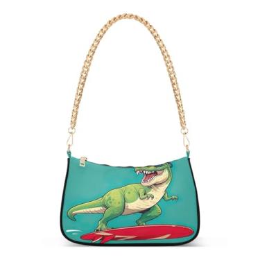 Imagem de Bolsa de ombro verde legal com corrente de dinossauro azul-petróleo, bolsa de mão média fofa para mulheres, bolsa de mão Hobo moderna