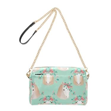 Imagem de Joitme Bolsa feminina transversal bege cavalo floral coroa verde bolsa para celular linda bolsa de ombro de couro PU com alça de corrente